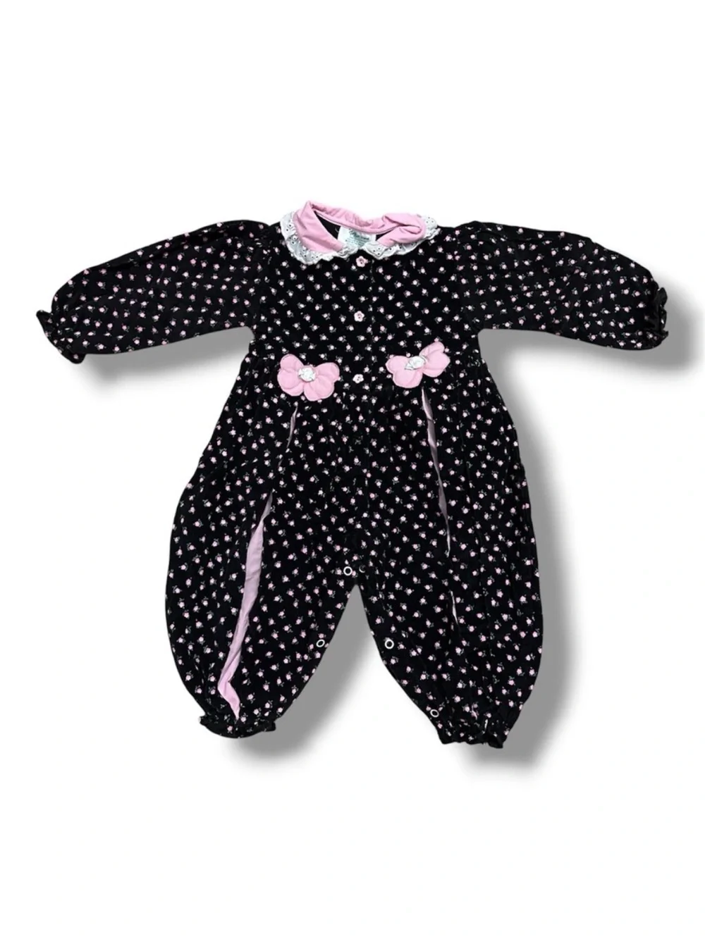 Vintage Tiny Tots Black & Pink Floral Corduroy Jumpsuit Baby Girl Size 18 Months